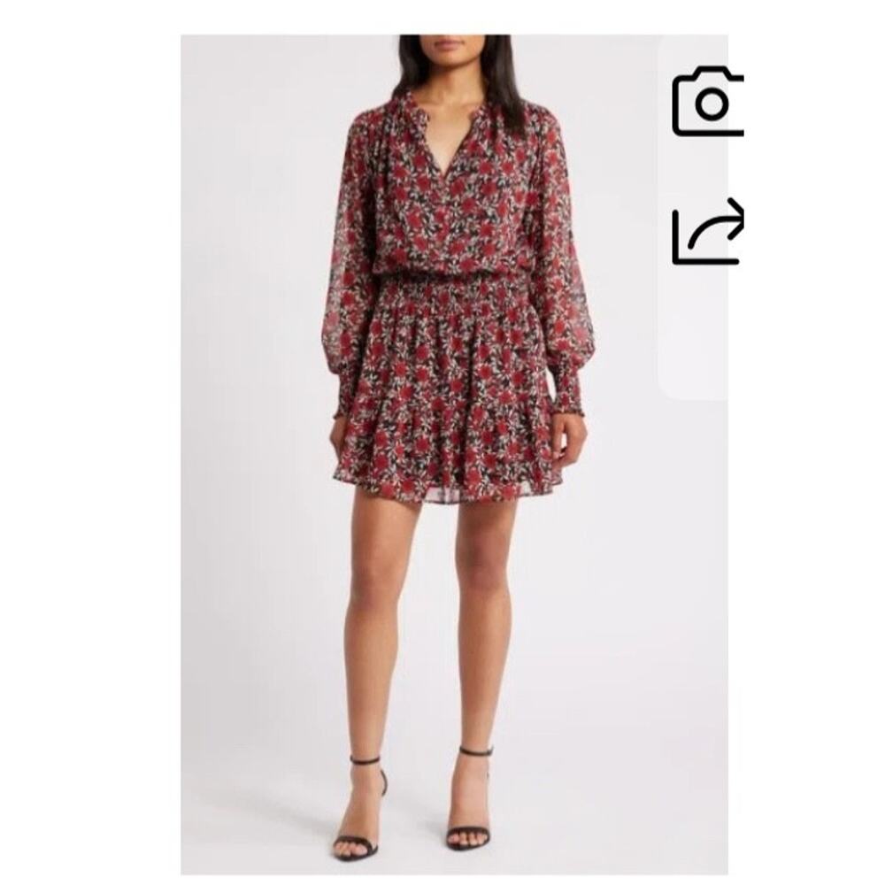 NEW Socialite Floral Smocked Waist Chiffon Mini Dress Red Black Long Sleeve XS